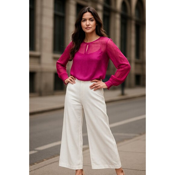 Simply Styled by Sears Sheer XL Fuschia Pink Long Sleeve Blouse Keyhole Neckline - Picture 10 of 10